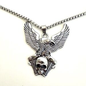 Eagle Skull Pendant Necklace Silver Tone Box Chain Gothic Biker Stainless steel